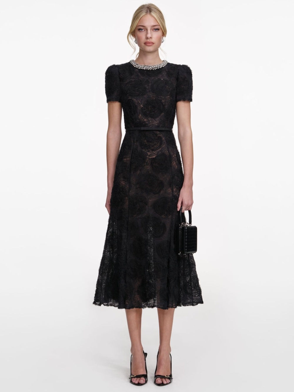 Self-Portrait Black Tulle Lace Midi Dress, New